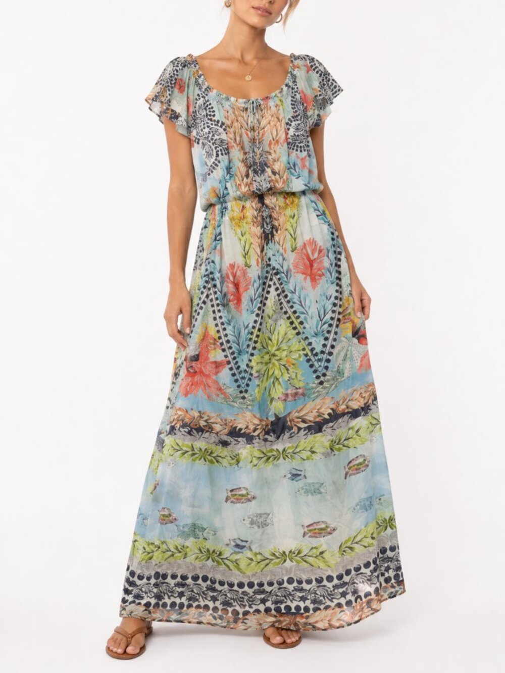 Echo Tropical Botanical Maxi Dress Blue Multicolor Resort Dress M